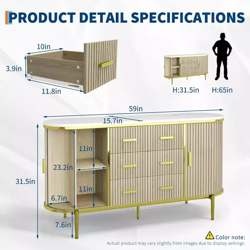59-Zoll-Sideboard im Landhausstil mit geriffelter Front, TV-Lowboard mit 6 Schubladen und 2 Schiebetüren, vielseitiger Aufbewahrungsschrank fürs Wohnzimmer