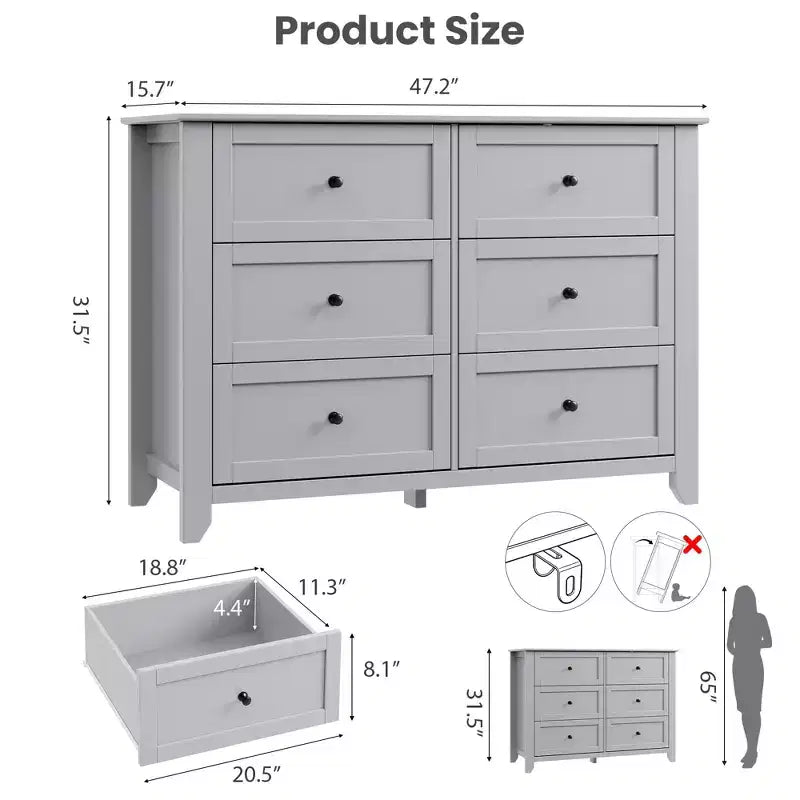 Kommode mit 6 Schubladen für das Schlafzimmer, große Kommode mit tiefen Schubladen & Metallknöpfen, modernes Holzschubladenelement für Eingangsbereich, Flur