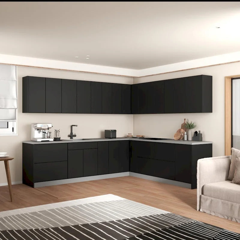 Moderne Küchenkollektion in Schwarz, Grundgröße 10 × 8,5 Fuß, Breite – 102 × 120