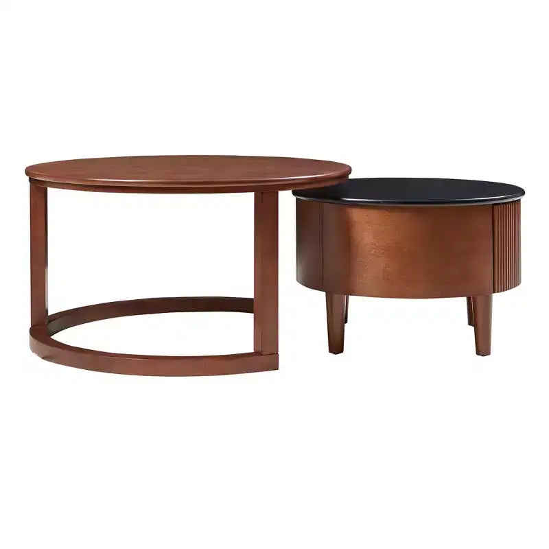 Moderner Couchtisch in Nesting-Bauweise mit Schublade, runder Wohnzimmertisch mit Stauraum