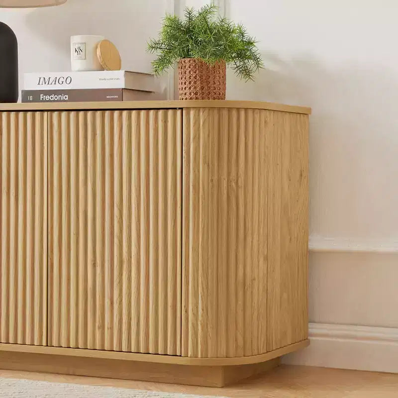 JVNOXK Sideboard-Aufbewahrungsschrank TV-Ständer mit Wellenmuster Buffet-Schrank Holzschrank mit vertikalen Streifen für Küche/Schlafzimmer/Flur. Natur