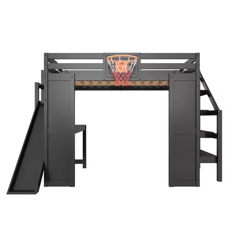 Luxystar Komplettes Hochbett aus Holz mit Schreibtisch, Rutsche, Basketballkorb und Aufbewahrungstreppe für Kinder und Jugendliche