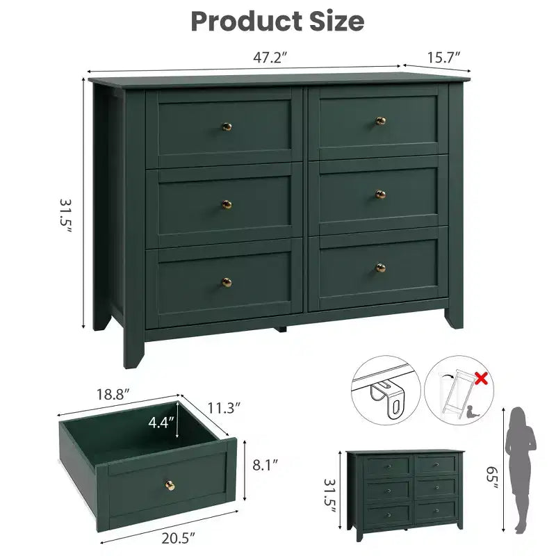 Kommode mit 6 Schubladen für das Schlafzimmer, große Kommode mit tiefen Schubladen & Metallknöpfen, modernes Holzschubladenelement für Eingangsbereich, Flur