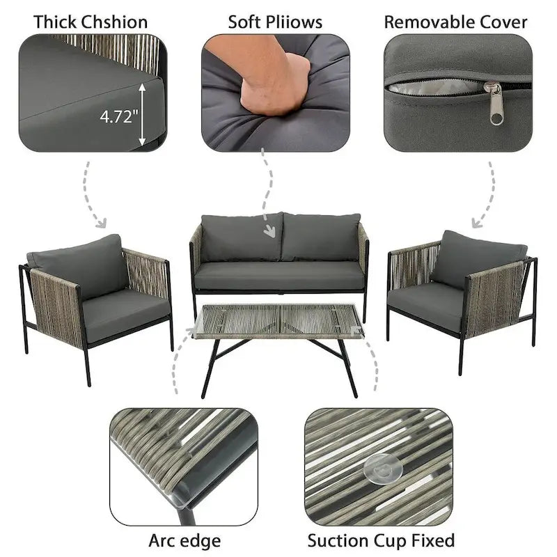 4-teilige Outdoor-Lounge-Garnitur aus Seil für 4 Personen mit Auflagen und Glastisch