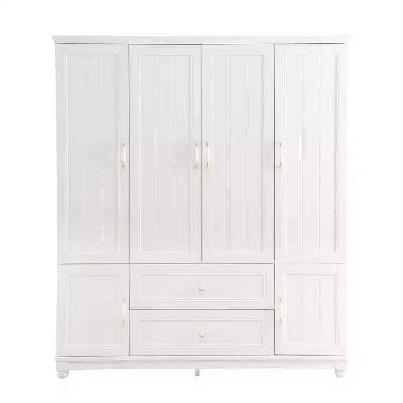 Weiße Holz-Kleiderschrank, 156 cm, mit 2 Schubladen, Kleiderstange und Einlegeböden
