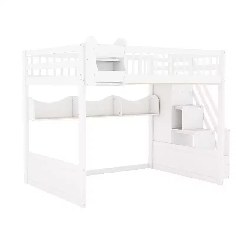 Queen-Hochbettgestell mit Treppe, Kleiderschrank & Regalen - MDF, 650 lb