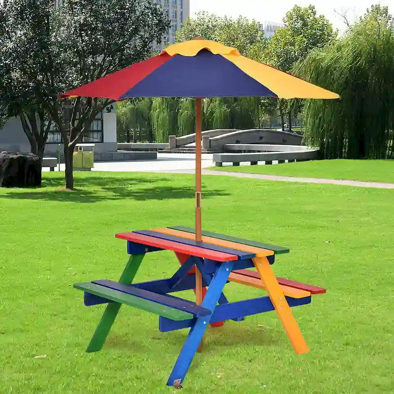 Costway 4-Sitzer Kinderpicknicktisch mit Sonnenschirm, faltbar für Garten und Hof