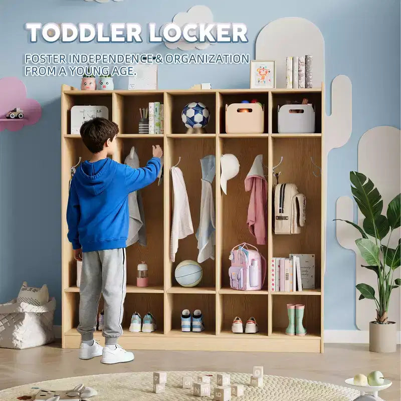 Garderoben-Organizer für Kinder mit 10 Fächern & Haken, 5-teiliges Aufbewahrungssystem für Klassenzimmer, Kinderzimmer, Flur oder Spielzimmer, Eiche Natur