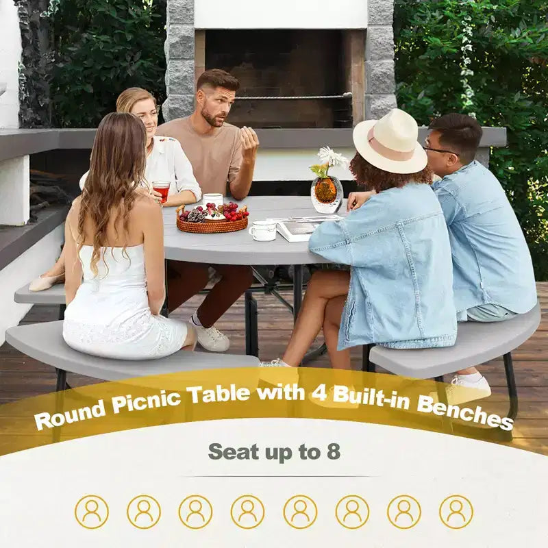 Costway Outdoor 8-Personen-Rund-Picknicktisch-Bank-Set mit 4 Bänken & Sonnenschirmloch Schwarz/Grau/Grün/Weiß