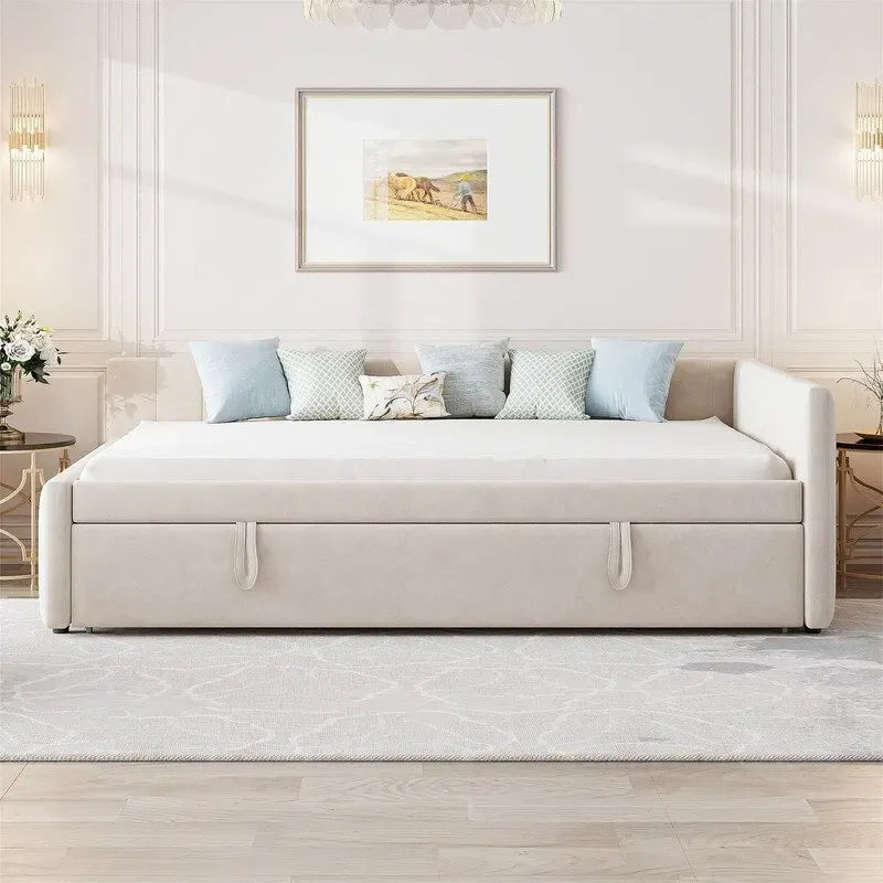 Gepolstertes Daybed mit Twin-Size-Pop-up-Schlafsofa, Full-Size-Daybed-Rahmen, Sofa mit L-förmiger Rückenlehne und gestreiftem Design