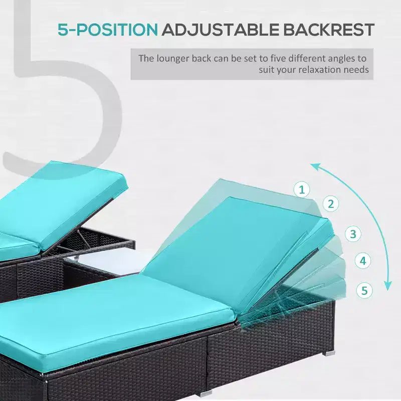 Set aus 2 Sonnenliegen mit 5-fach verstellbarer Rückenlehne, Outdoor-Couchtisch, wasserabweisenden Polstern und PE-Rattan-Geflecht für den Poolbereich