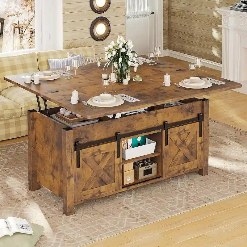 Couchtisch mit Hubplatte, 2 Schiebetüren im Scheunentor-Design und Stauraum, Esstisch