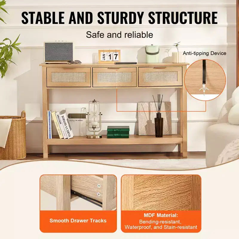 VEVOR Rattan-Konsolentisch mit 3 Schubladen, Rattan-Flurtisch mit natürlicher Rattan-Schiebetür, Konsolen-Sofa-Tisch, Natur