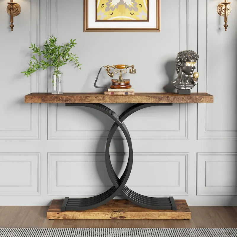 Schwarzer/goldener moderner Konsolentisch mit Marmoroptik-Tischplatte, 99 cm breiter Holztisch für den Eingangsbereich mit geometrischen Metallbeinen