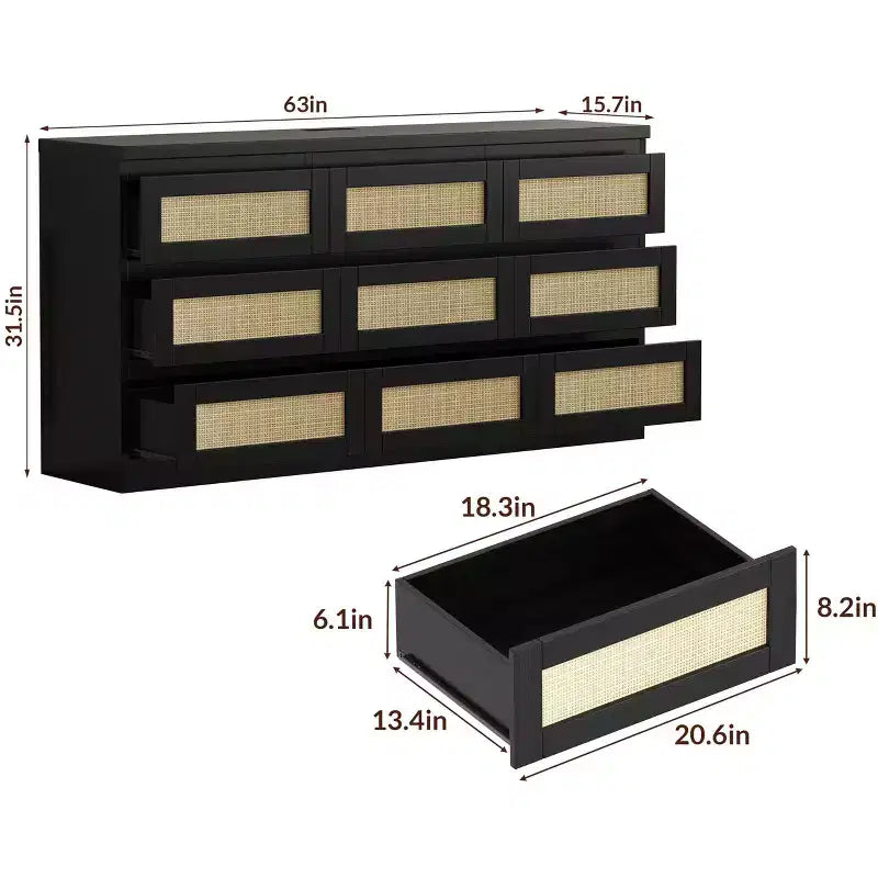 Kommode fürs Schlafzimmer, Rattan-Kommode mit 9 Schubladen für den Kleiderschrank, Doppelholz-Kommoden & Schubladenschränke