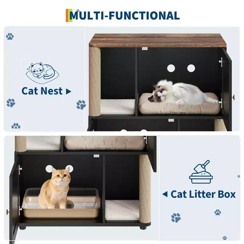 Katzentoiletten-Gehäuse mit zwei Kammern, verstecktes Katzentoiletten-Möbel mit Kratzstämmen und doppellagigen Streumatten für das Zuhause