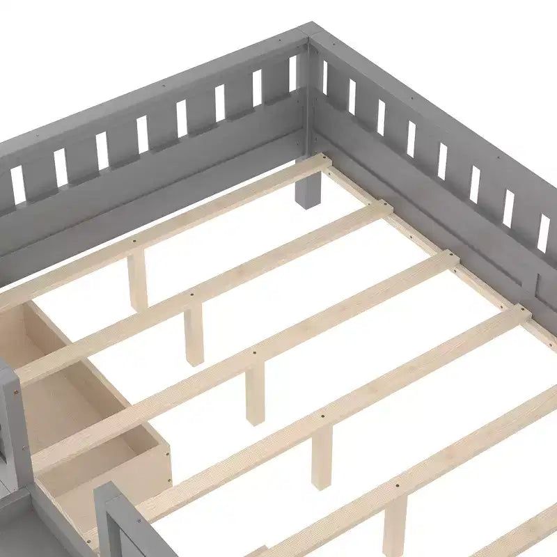 Bellemave Queen-Size-Kleinkindbett mit 14 Sicherheitsgeländern, platzsparender Bettrahmen mit integrierten Bücherregalen & 2 Schubladen unter dem Bett