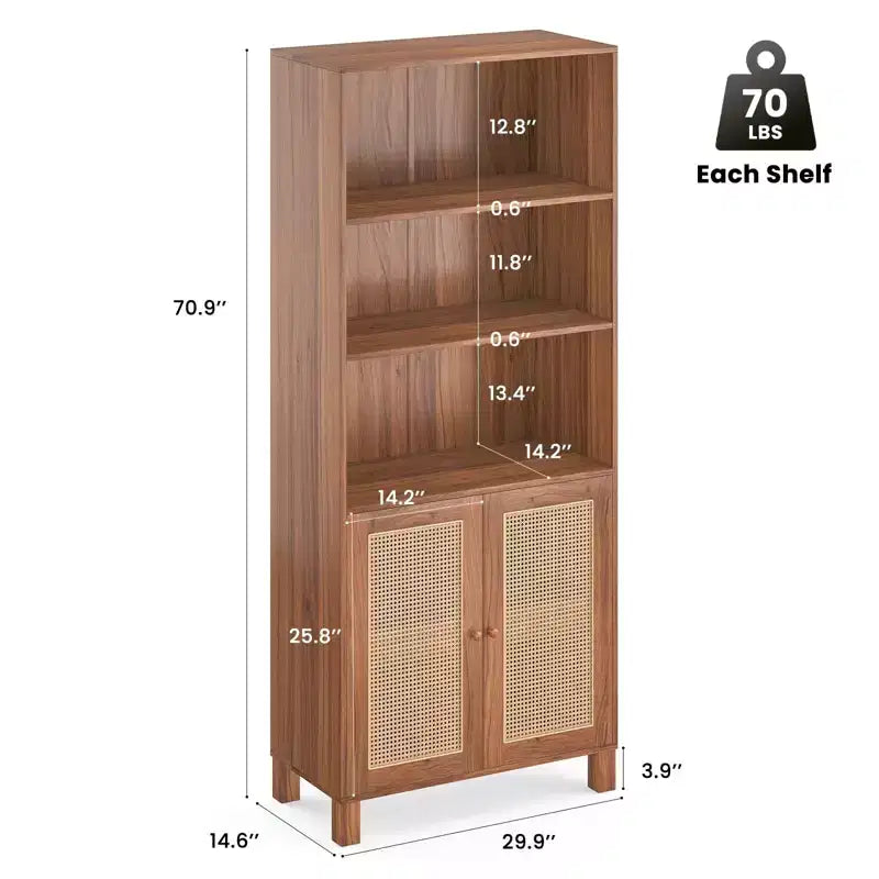 TUYOHW Hohe Bücherregal mit Rattantüren, freistehender Aufbewahrungsschrank mit 5 Regalböden, Bücherregal für Wohnzimmer, Schlafzimmer und Arbeitszimmer