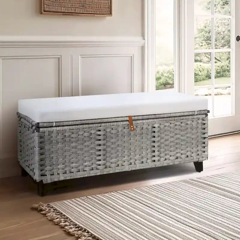 Weiden-Sitzbank mit Kissen für Schlafzimmer, Wohnzimmer, Veranda – 47 cm H x 110 cm B x 47 cm T