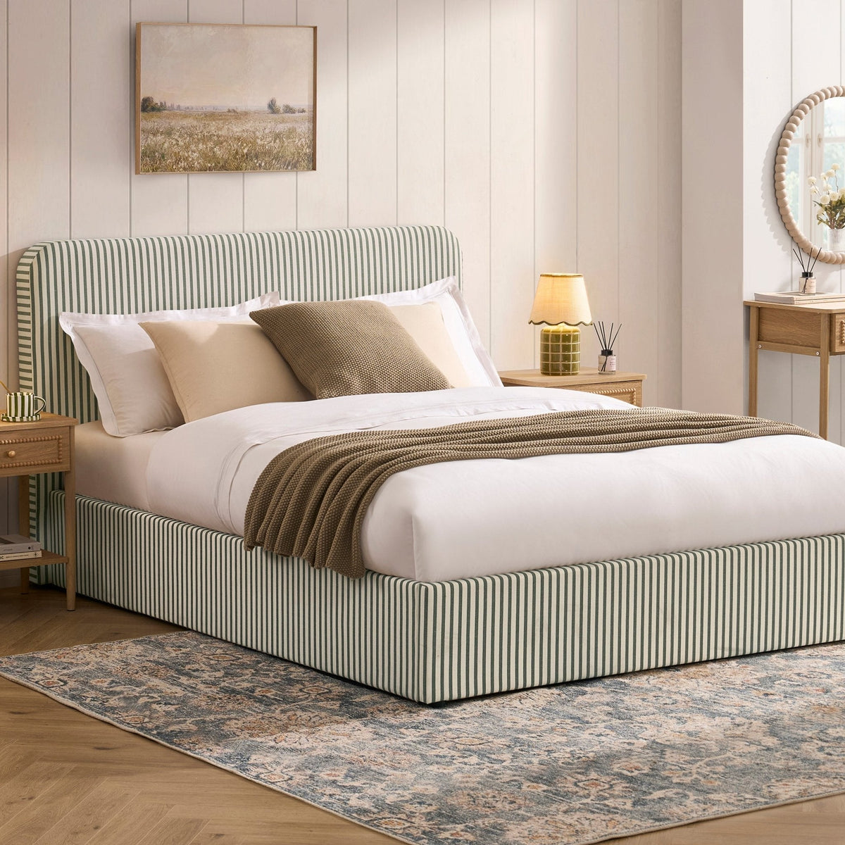 Bett mit Bettkasten – Salbeigrün gestreift