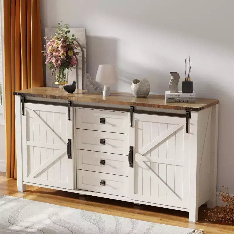 SinCiDo Farmhouse 60-cm-Schminktisch mit verschiebbarer Scheunentür und 4 Schubladen, Schubladenschrank für Wohnzimmer, Schlafzimmer und Kaffeebar