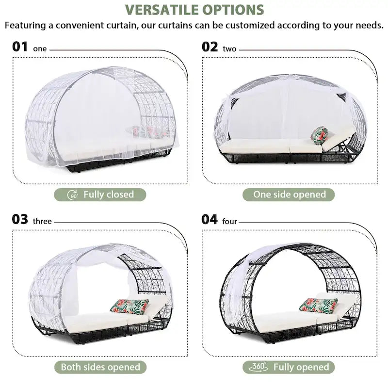 Oaks Aura Outdoor, Sonnenliege mit Polster, Vorhang und buntem Kissen, Lounge-Sessel aus Korbgeflecht, verstellbare Gartenliegen