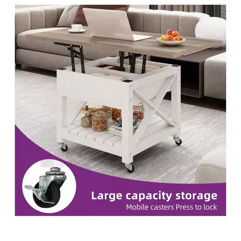 3-in-1 Quadratischer Couchtisch mit Hubtischplatte, Rollen und Hockern, multifunktionaler 2-Ebenen-Esstisch mit verdecktem und offenem Stauraum für Wohn- und Esszimmer