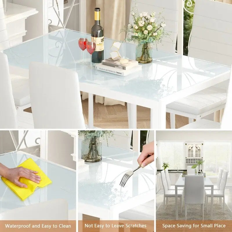 Grondin 7-teiliges Esszimmer-Set im modernen Stil mit Tischplatte aus gehärtetem Glas und 6 Stühlen mit PU-Lederpolsterung