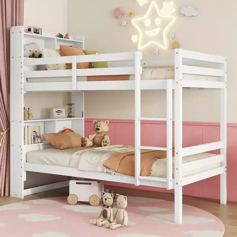 MAYEERTY Etagenbett für zwei Personen mit Regal-Kopfteil, Sicherheitsgittern und Leiter, zu zwei Betten umbaubar, für das Schlafzimmer, weiß