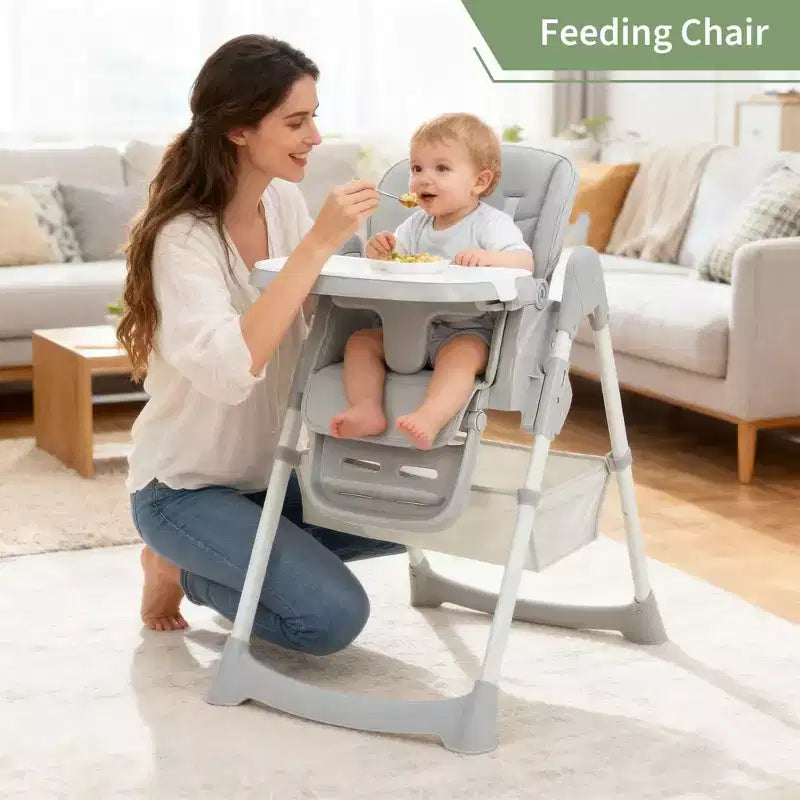 Zusammenklappbarer Hochstuhl für Babys und Kleinkinder, Hochstuhl aus PU-Leder mit verstellbarer Rückenlehne und Sitzhöhe, abnehmbarem Tablett, 5-Punkt-Sicherheitsgurt und feststellbaren Rollen