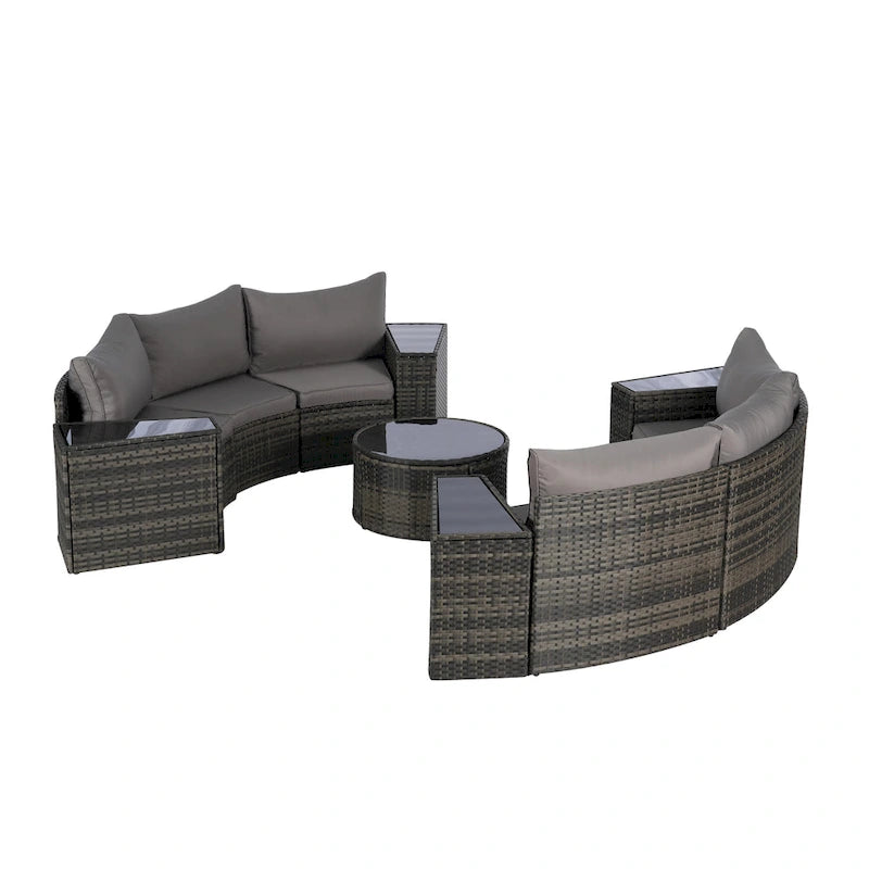 11-teiliges modulares Outdoor-Sofa-Set mit halbrunden Elementen, Couchtisch aus gehärtetem Glas und 4 Beistelltischen