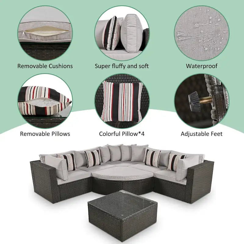 Modernes 7-teiliges Outdoor-Sofa-Set aus Korbgeflecht mit Couchtisch, Auflagen und gestreiften Kissen, geeignet für Terrasse, Garten und Veranda