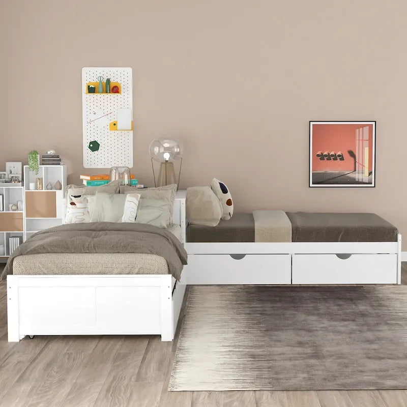 Weißes modernes L-förmiges Plattformbett in Einzelbettgröße mit Ausziehbett und Schubladen fürs Schlafzimmer