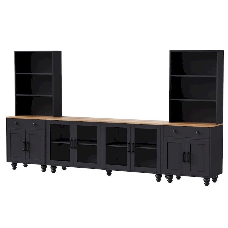 Schwarzes Entertainment-Center im Landhausstil mit dunklem Walnussholz, Bücherregalen und Türen aus gehärtetem Glas für Fernseher bis 70 Zoll