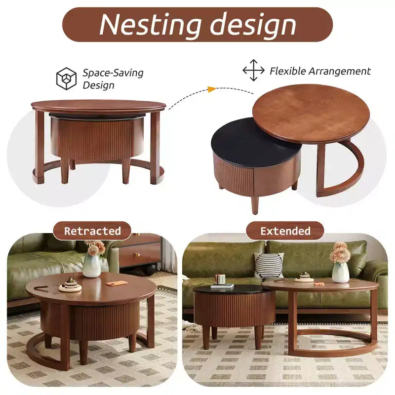 Moderner Couchtisch in Nesting-Bauweise mit Schublade, runder Wohnzimmertisch mit Stauraum