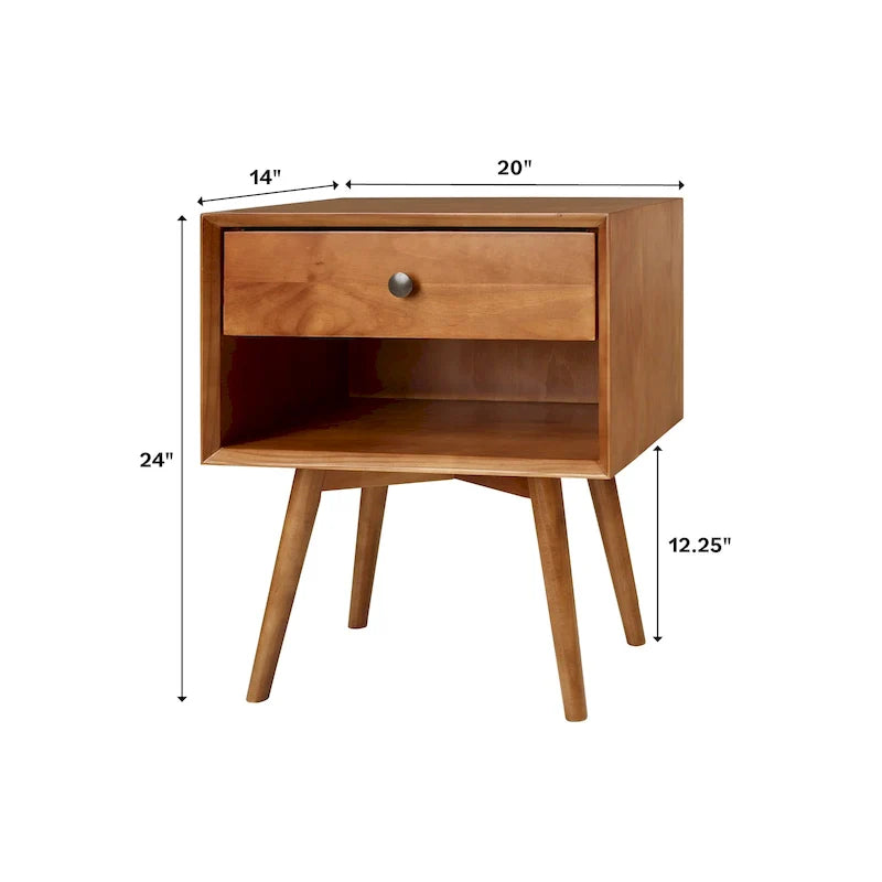 2er-Set Mid-Century Nachttische aus Massivholz mit 1 Schublade, Beistelltische fürs Schlafzimmer