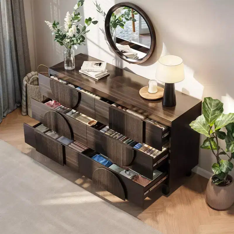 Moderne geometrische Kommode mit 6 Schubladen, breiter Aufbewahrungsschrank mit Halbkreis-Akzent für Schlaf- und Wohnzimmer