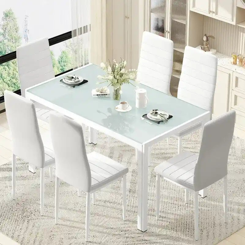 Grondin 7-teiliges Esszimmer-Set im modernen Stil mit Tischplatte aus gehärtetem Glas und 6 Stühlen mit PU-Lederpolsterung