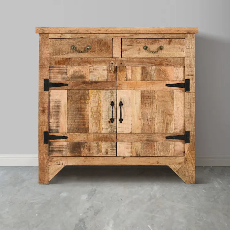 99 cm handgefertigte Farmhouse-Konsole aus Mangoholz, mit 2 Schubladen und 2 Türen, rustikales Braun