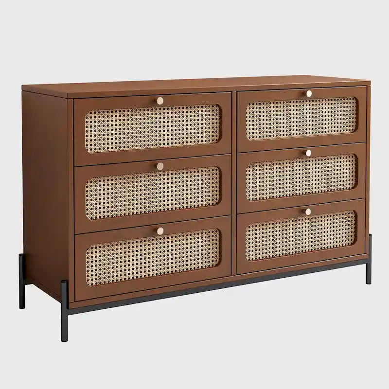 Moderne Rattan-Holz-Kommode mit Korbgeflecht und 6 Schubladen