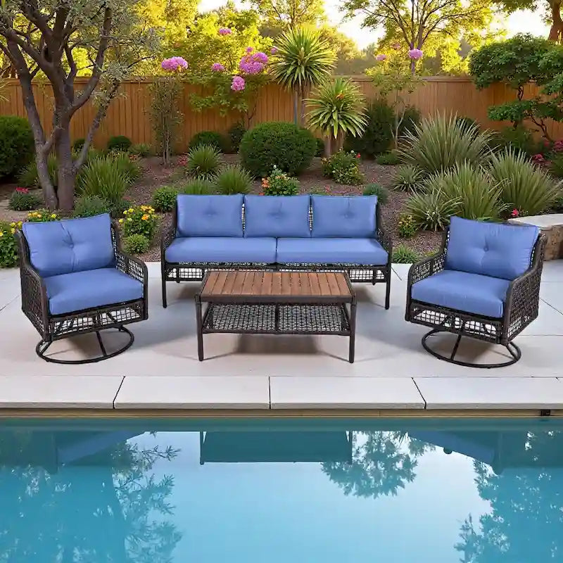 4-teiliges Outdoor-Rattangarniture-Set mit Drehstühlen und Couchtisch