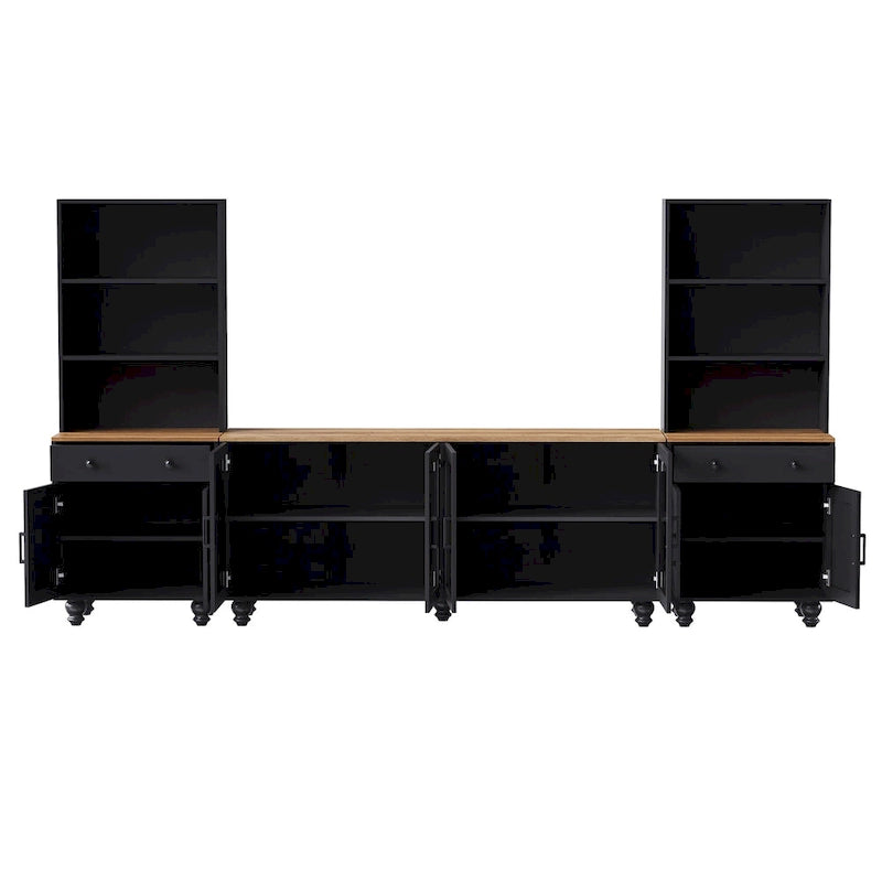 Schwarzes Entertainment-Center im Landhausstil mit dunklem Walnussholz, Bücherregalen und Türen aus gehärtetem Glas für Fernseher bis 70 Zoll