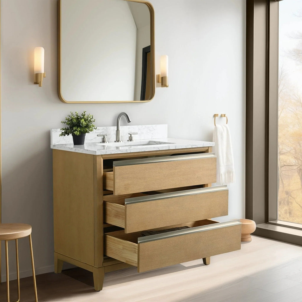Vanity Art Badezimmerschrank mit Keramikwaschbecken und Platte aus technischem Marmor