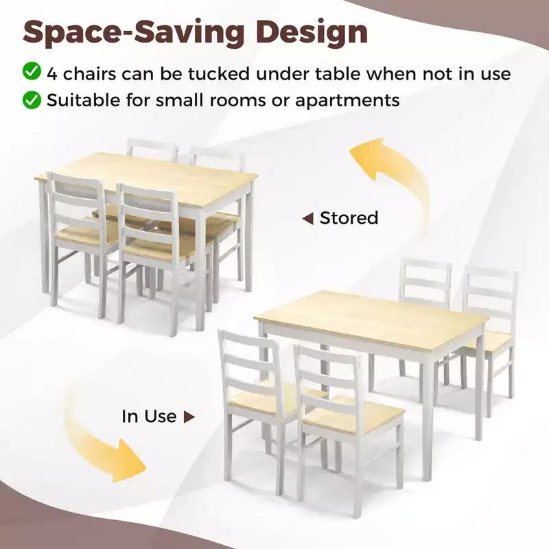 Costway 5-teiliges Esszimmer-Set Massivholz Küchenmöbel mit rechteckigem Tisch & 4 Stühlen Natur/Kaffee/Grau
