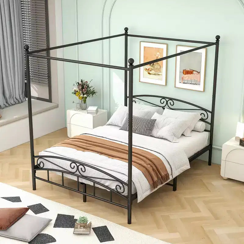 Queen-Size Himmelbett-Metallrahmen mit Vintage-Kopfteil und 31,5 cm Stauraum unter dem Bett
