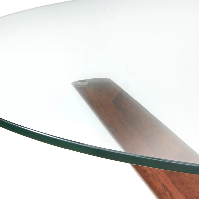 Runder Esstisch aus gehärtetem Glas mit Beinen aus Walnussholz