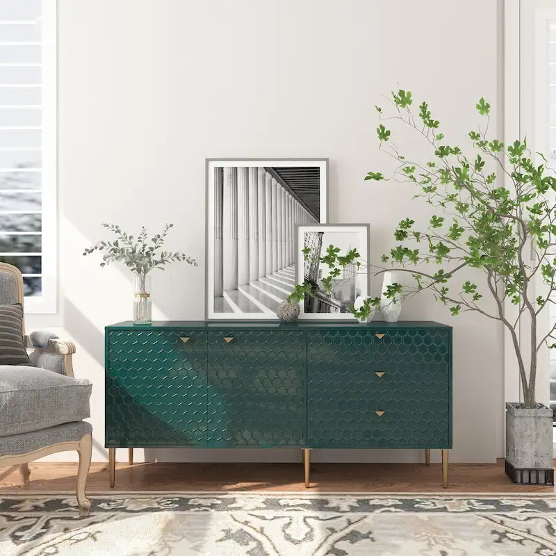 Sideboard-Buffetschrank mit 2 Türen, goldenen Beinen und 3 Schubladen