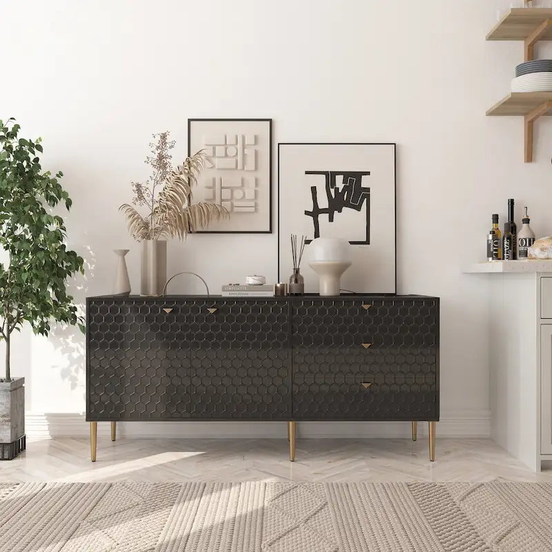 Sideboard-Buffetschrank mit 2 Türen, goldenen Beinen und 3 Schubladen