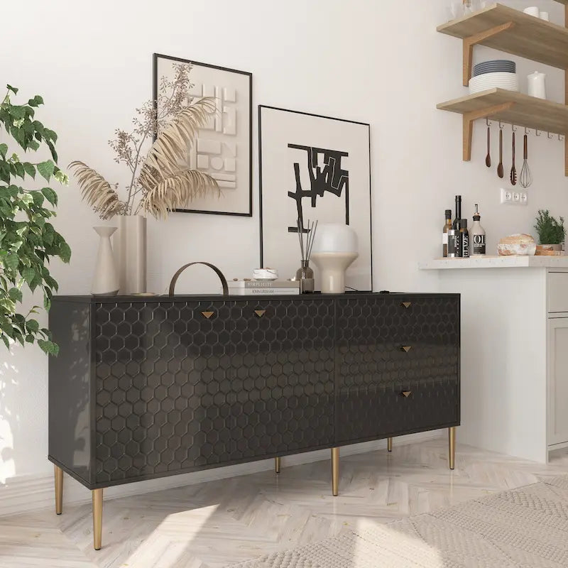 Sideboard-Buffetschrank mit 2 Türen, goldenen Beinen und 3 Schubladen