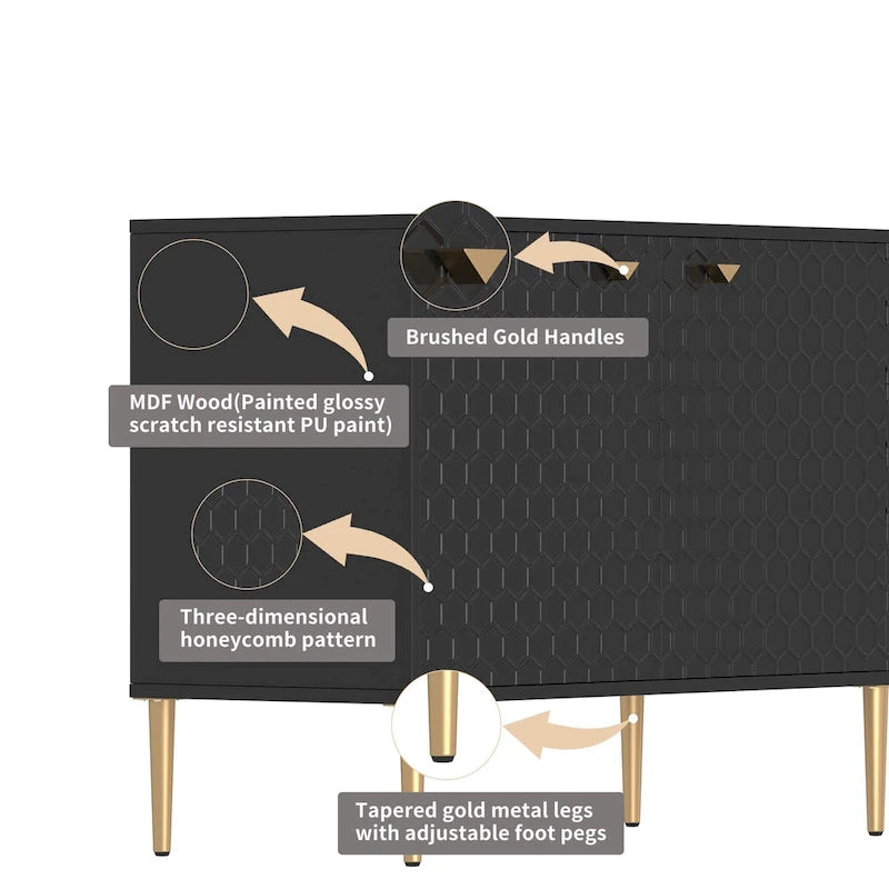 Sideboard-Buffetschrank mit 2 Türen, goldenen Beinen und 3 Schubladen